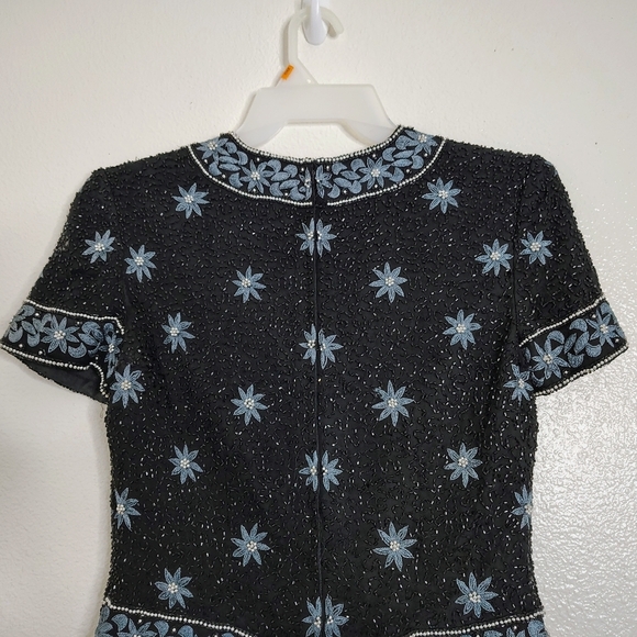Vintage Papell Boutique Evening Top Womens Small Black Blue Floral Silk Beaded - Picture 10 of 14